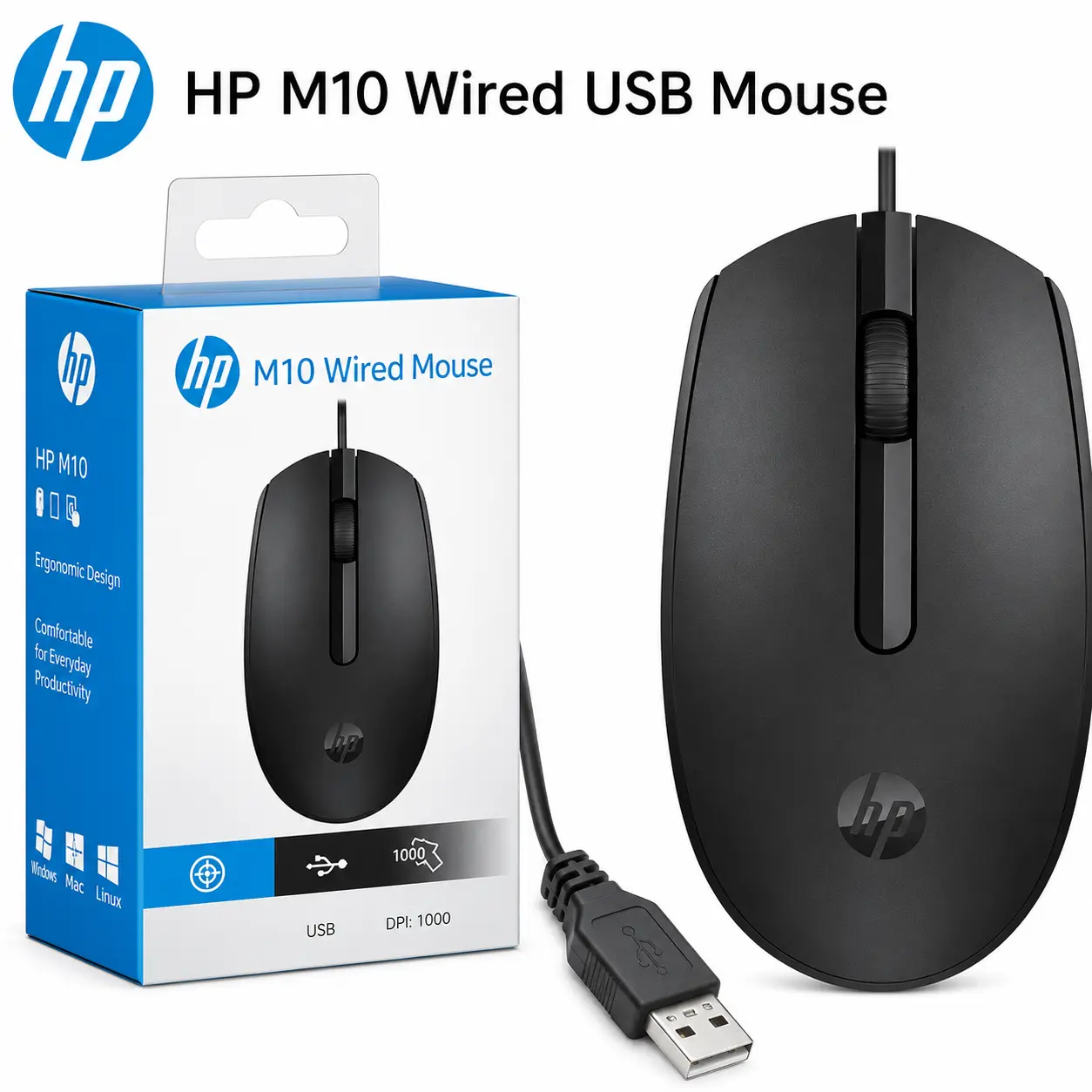 HP M10 Wired USB Mouse 1000 DPI – Ergonomic Plug & Play Optical Mouse for PC, Laptop & Desktop — OrderKoro